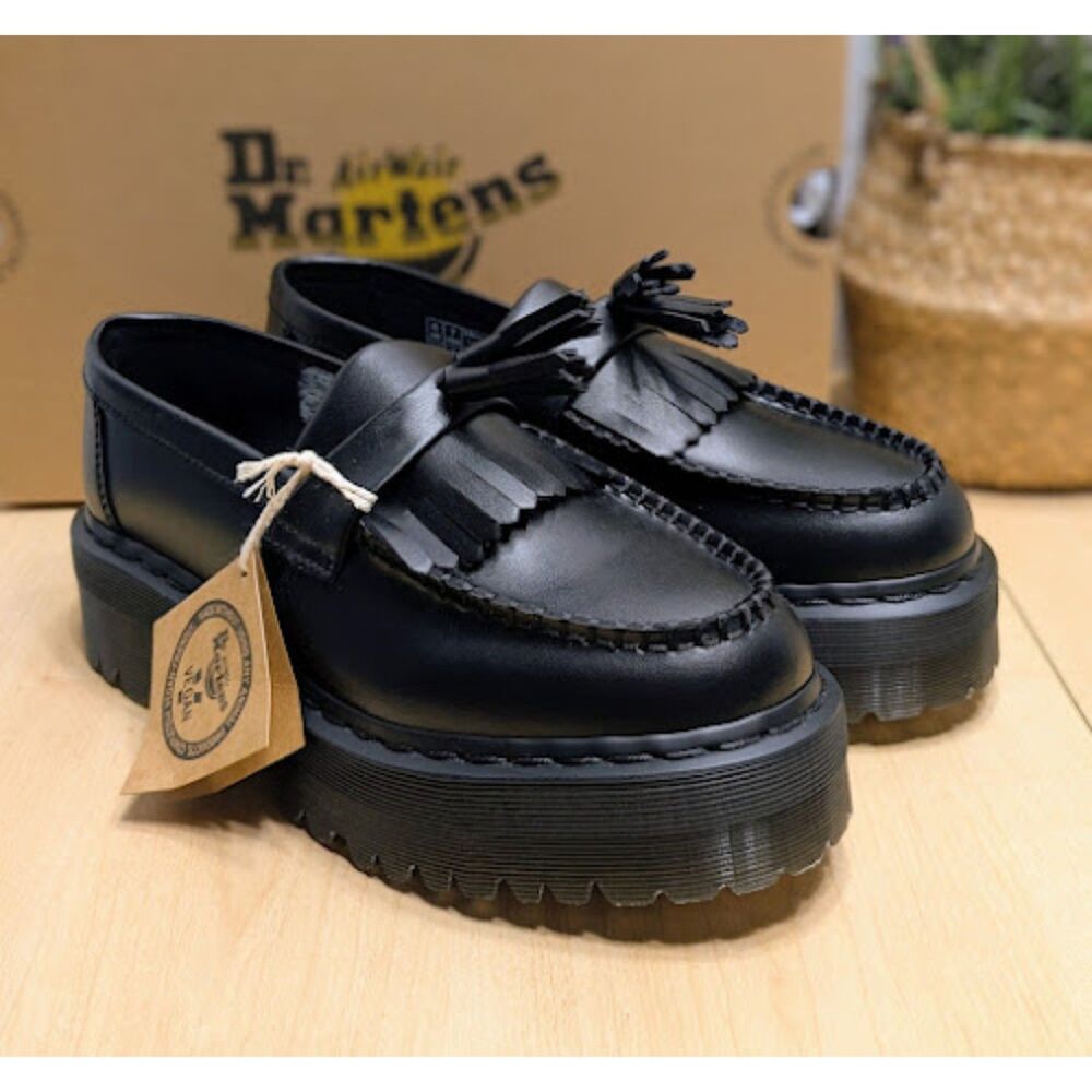 Dr. Martens Vegan Adrian Quad Mono Black Felix Platform Tassel Loafers UK 6 NIB